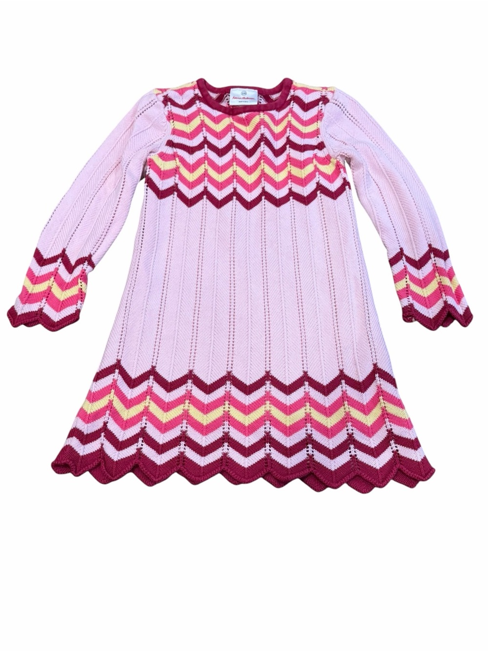 Hanna Andersson, Pink Chevron Knit Dress with Burgundy and Yellow Accents, Sz 5